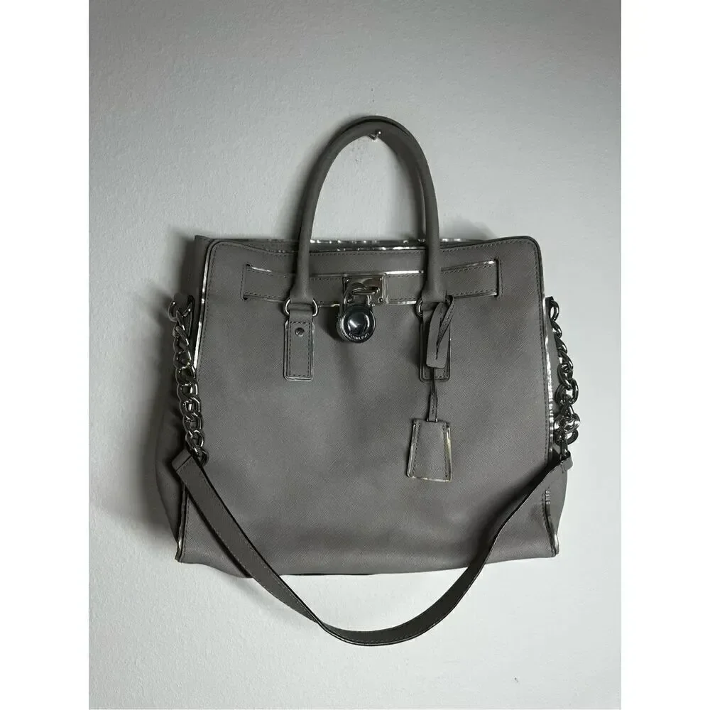 MICHAEL KORS HAMILTON LARGE PEARL GRAY LEATHER SILVER LOCK NS TOTE BAG SEE NOTES